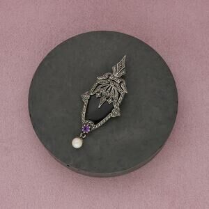 sterling silver marcasite studded onyx & amethyst pendant